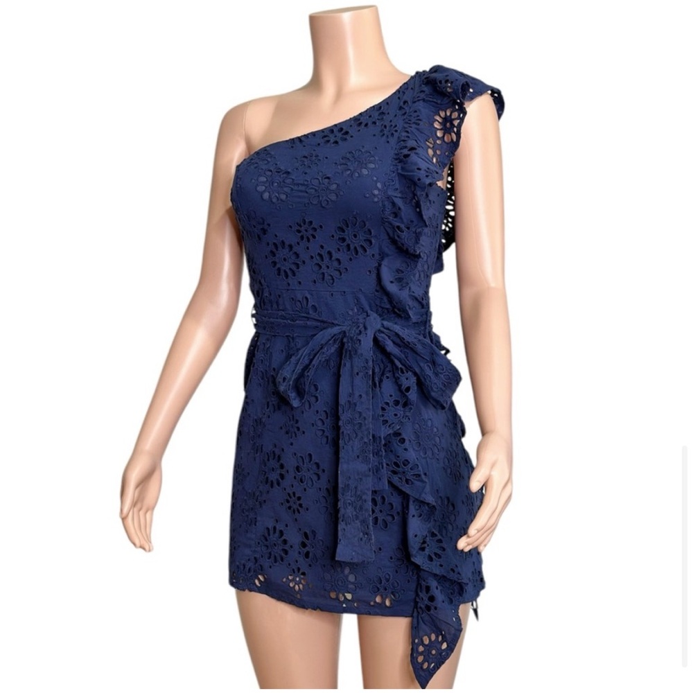 REVOLVE Lovers and Friends Seana Seanne Eyelet Mini Deep Navy one shoulder